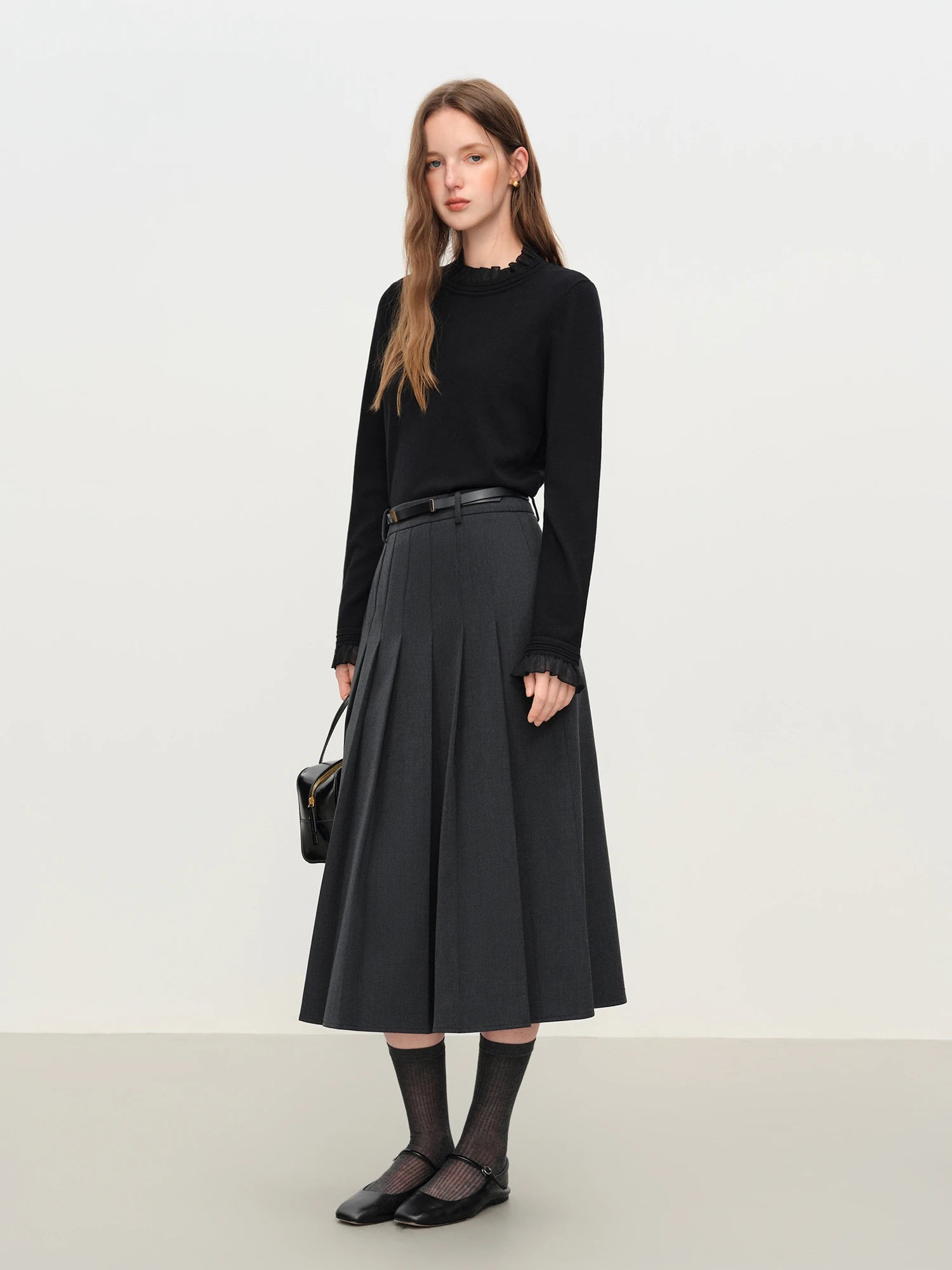 2025 Women's Mock Neck Knit Top - Ruffle Trim Detail Layering Staple Autumn Winter Base Layer with Soft Stretch Fit