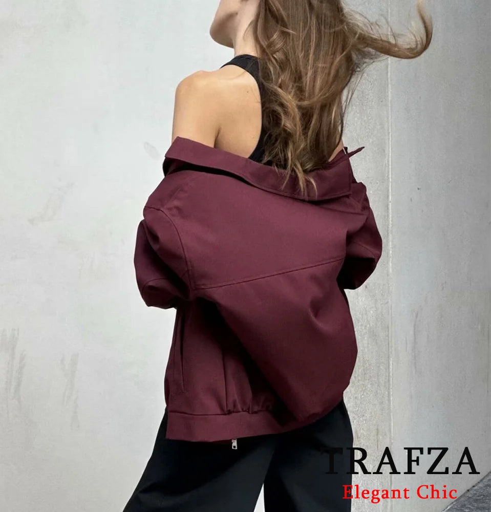 TRAFZA-Women Vintage Loose Zipper Jacket Lapel Burgundy Color Jacket New 2024 Autumn Fashion Versatile Street Outwear Jacket