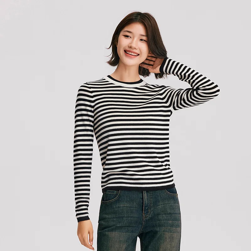 Semir Knitted Sweater Women Contrast ColorInner Wear Simple Winter 2024 New Wool-Containing Slim Fit Pullover Sweater