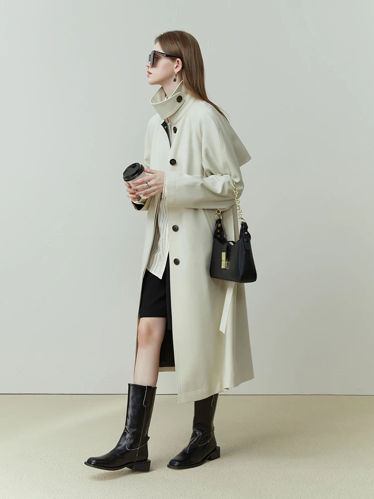 FSLE Simple White Temperament Extended Spring Women Trench Coats Single Breasted Commuter Jackets Belt Design Women Trench