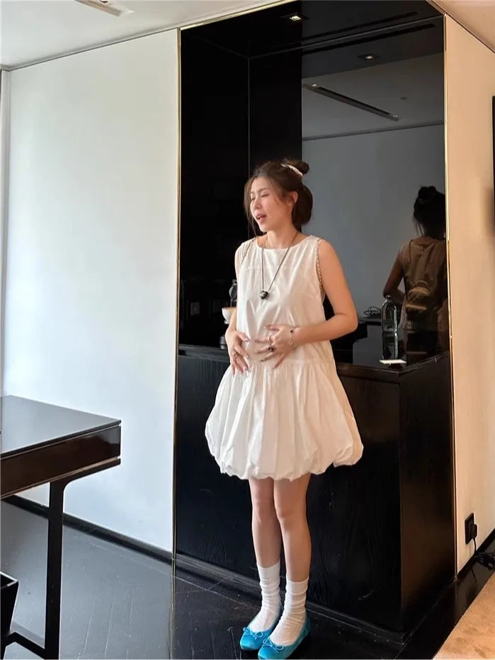 Kpop Korean Minimalist Style Solid Color A-line Fluffy Sleeveless Black Dress Summer Round Neck Loose Ruffle Short Dresses for Women