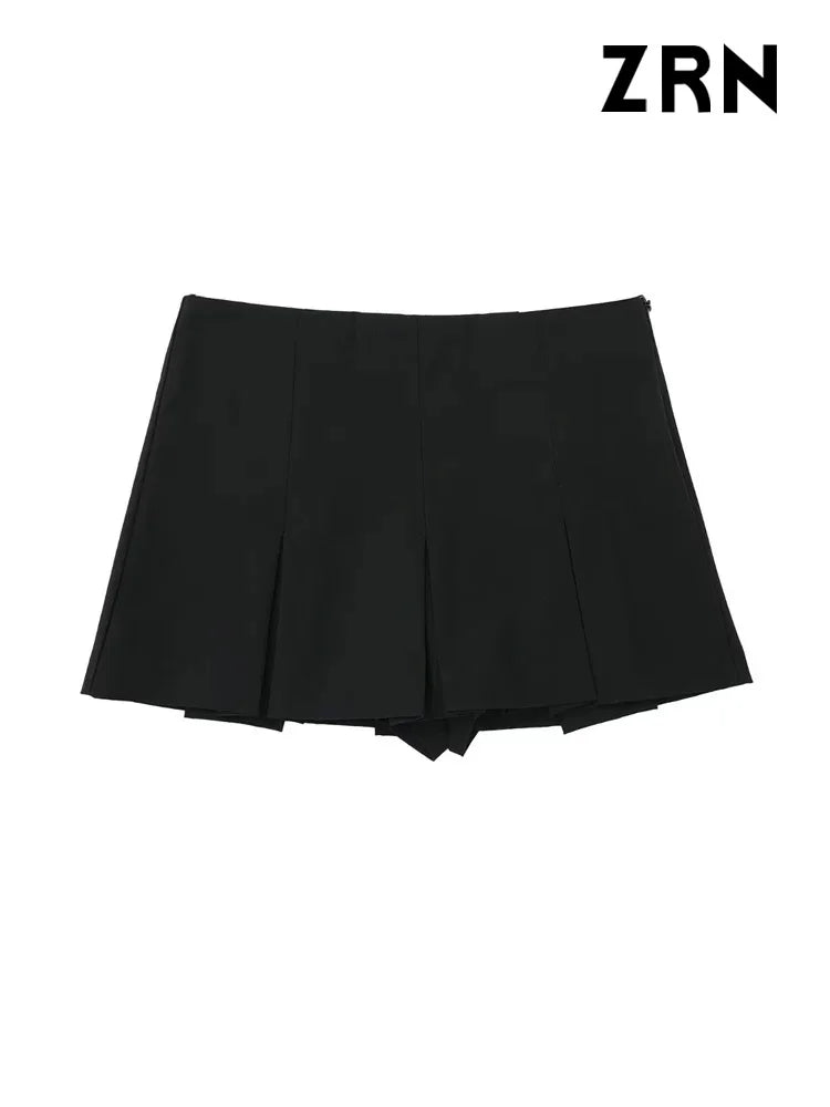 ZRN Women Fashion With Pleated Shorts Skirts Vintage High Waist Side Zipper Female Skort Mujer