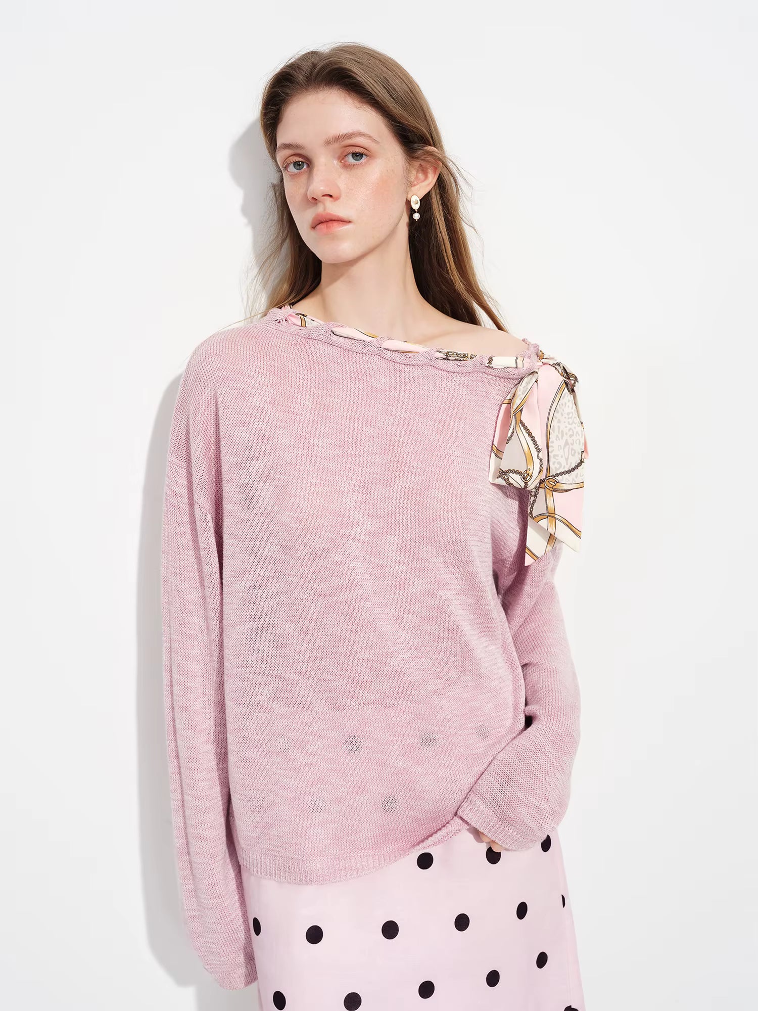 French-inspired Relaxed Flowing Scarf Keyhole Pullover Sweater for Women Spring 2026 New Arrival Pink Thin Knit Sweaters