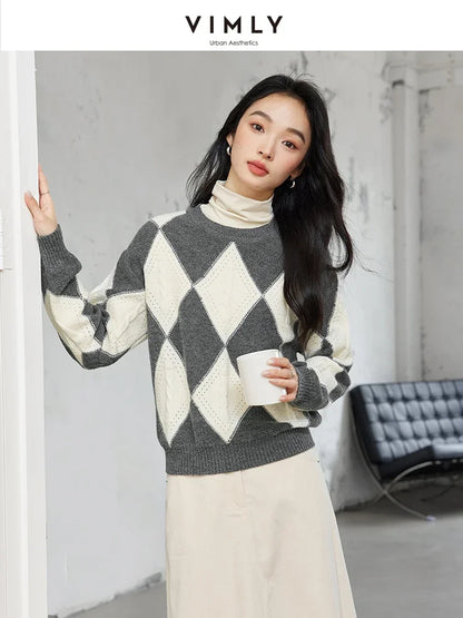 VIMLY Women Fashion Lozenge Sweater Fall Winter Simple Long Sleeve O-Neck Pullovers Knitwear Office Lady Color Matching Warm Top