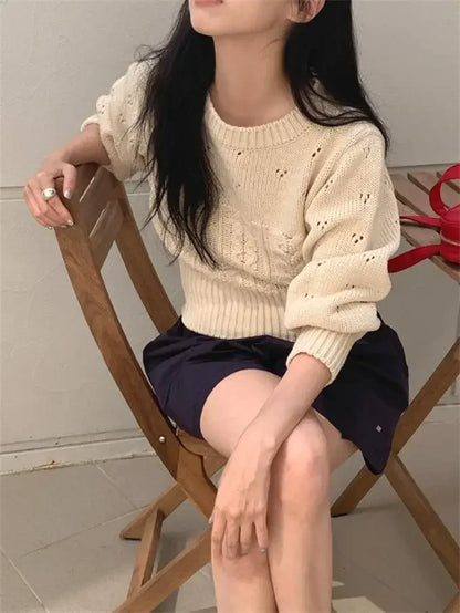 KUSAHIKI Korean Casual Retro Hollowed Out Twisted Slim Waist Short Round Neck Knitting Sweater Women Pullover Knitwear Top