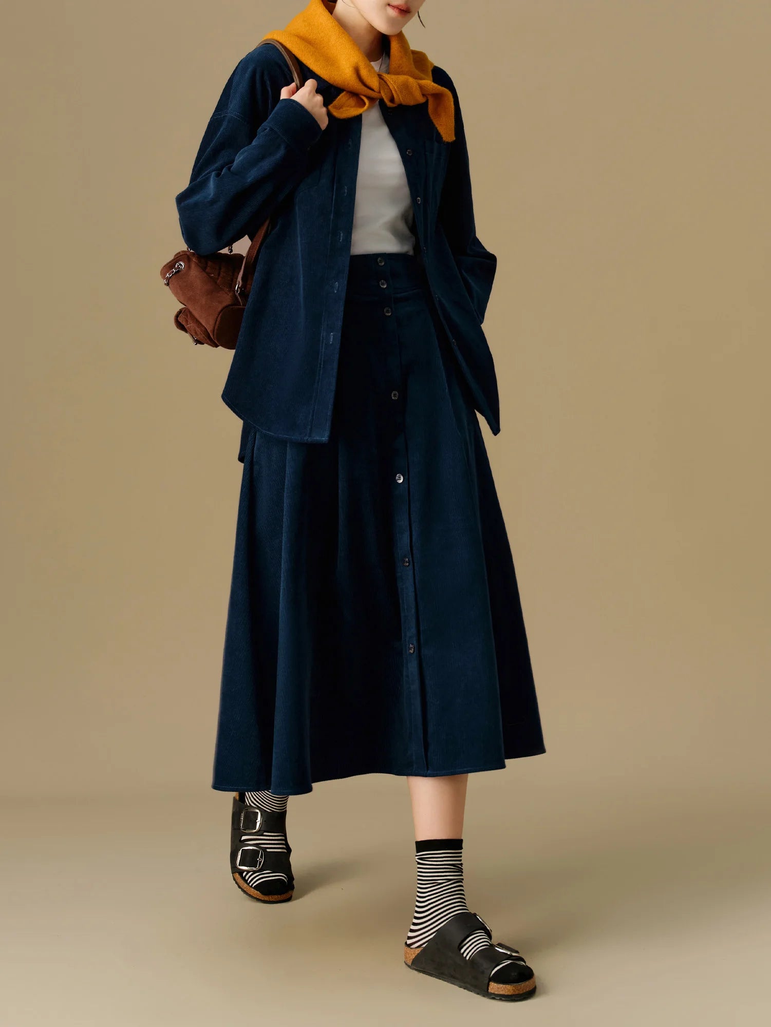 DUSHU Women Corduroy Shirt Skirt Sets Winter Dark Blue Thicken Long Sleeve Blouse Long A-LINE Skirts 24DS84272＋24DS84607