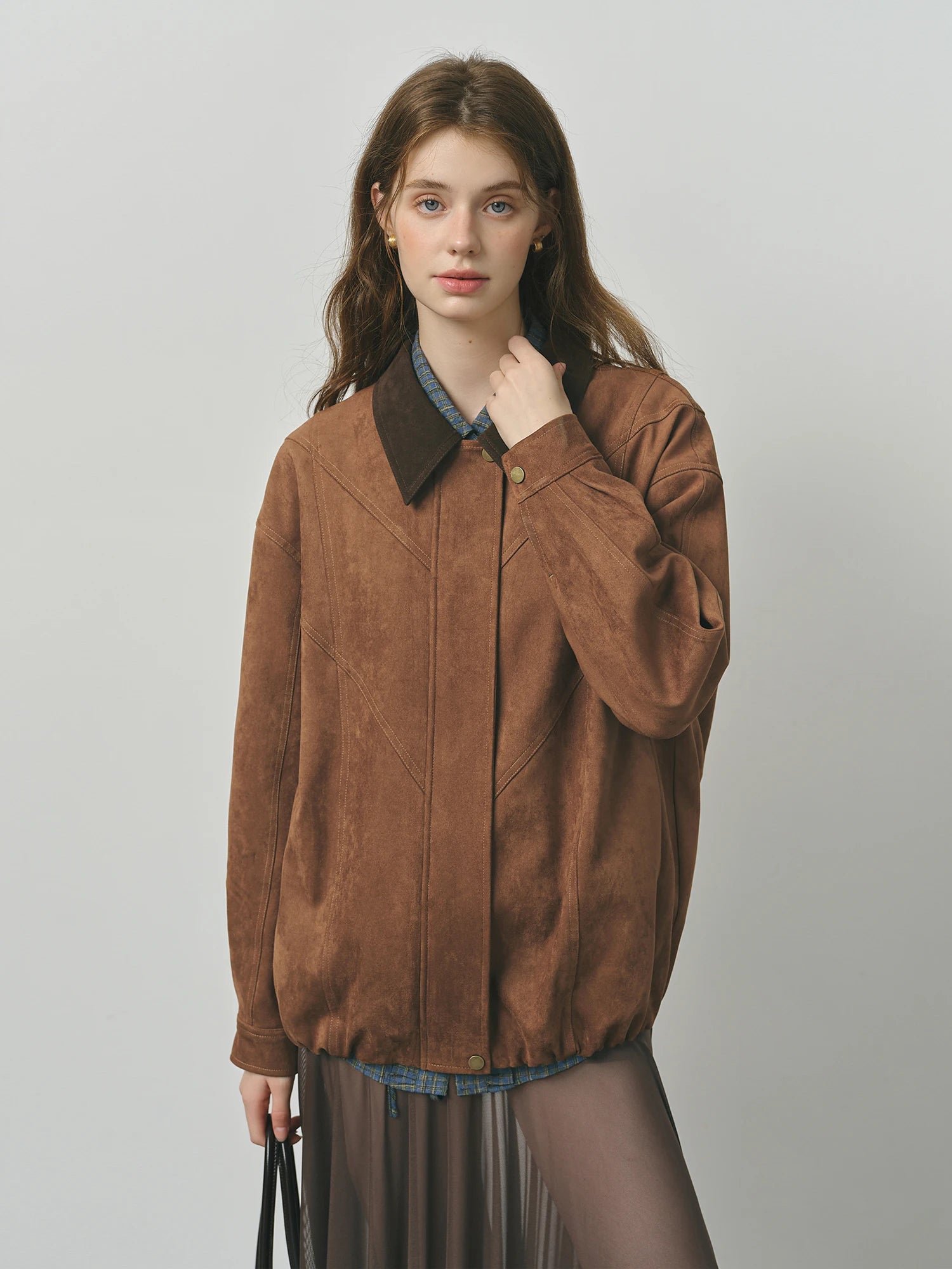 FSLE Retro Style Maillard Suede Long Sleeves Jacket for Women 2025 Autumn New Arrival Contrast Color Lapel Chic Coat