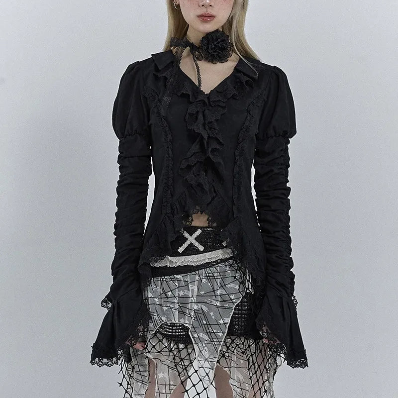 Black Lace Shirt Dark Aesthetic Irregular Blouses Yamamoto Style Grunge Flare Sleeve V-neck Shirt Vintage Y2k Emo