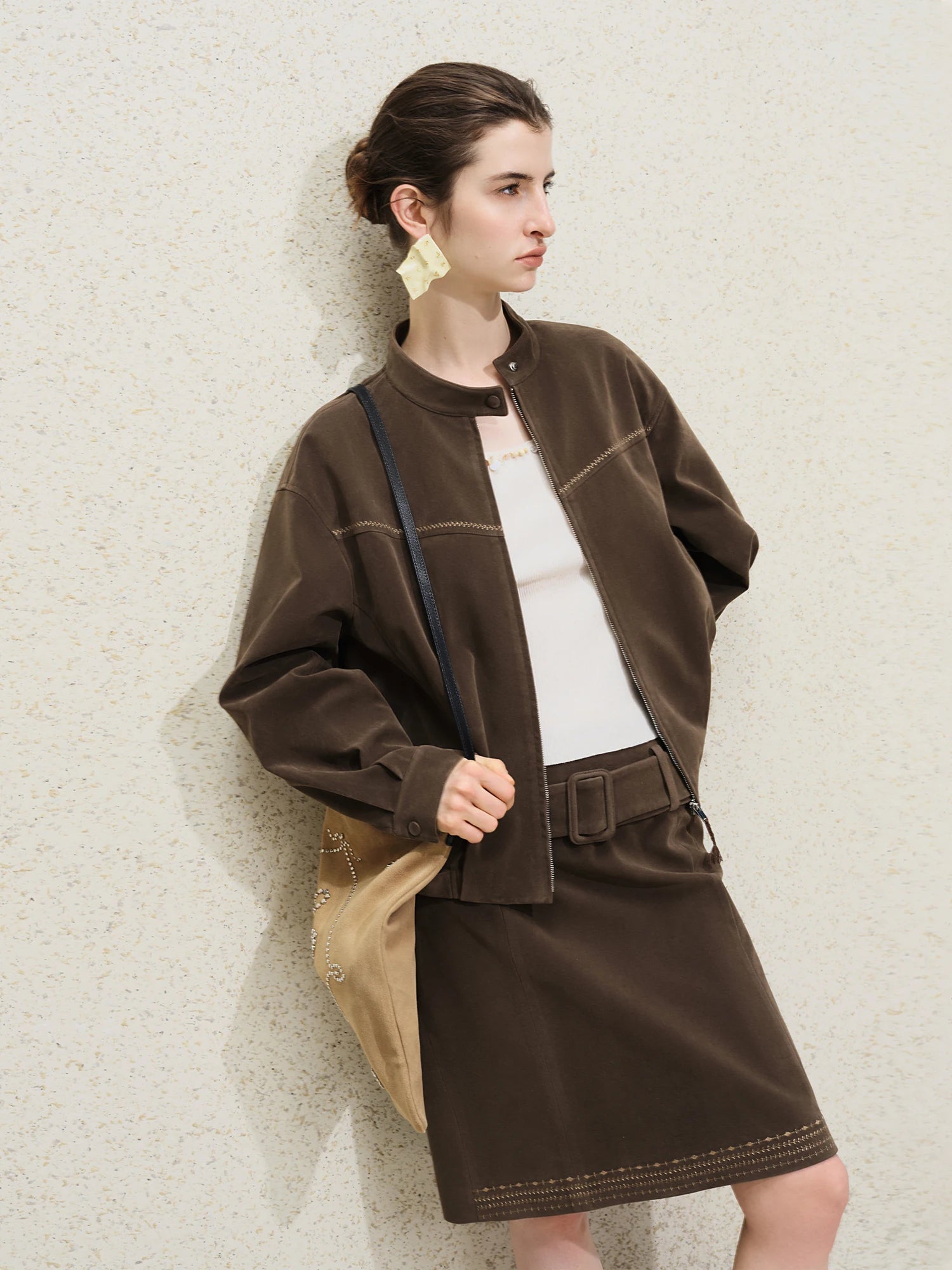 FSLE【Premium Series】2025 Women's Faux Suede Embroidered Jacket - Retro Inspired Stand Collar Short Coat Casual Office