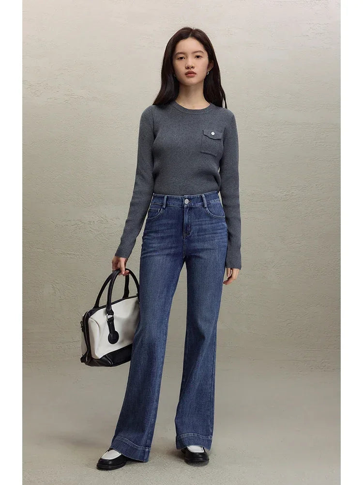 ZIQIAO Retro Style High-waisted Black Bootcut Jeans for Women 2023 Autumn Winter New High Street Tall Slim Long Pants for Female