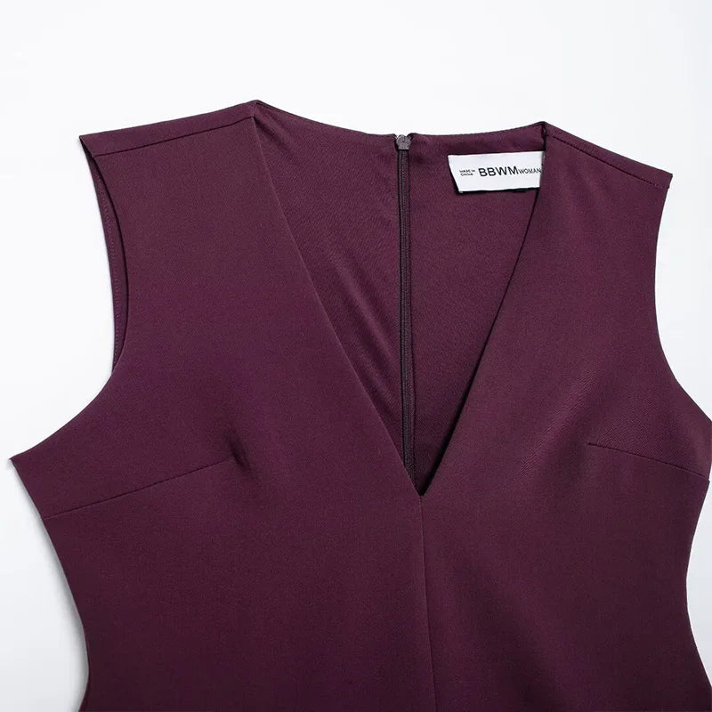 Koekop Women's Fashion Solid Color Belt Decoration Short Dress V Neck Vintage Sleeveless Women's Chic Lady Dresses