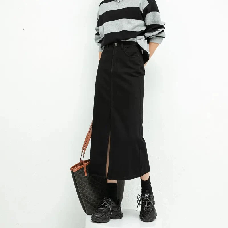 Split Denim Skirt for Women High Waisted Loose A-Line Skirt Korean Elegant Black Skirts 2024 Spring Fashion Mid Length Skirts