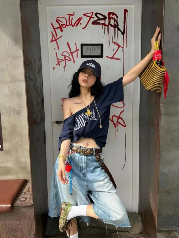 Yedinas Loose Off Shoulder Letter Graphic T Shirts Woman Clothing Short Sleeve American Retro Summer Tops Korean Style Y2k Tees