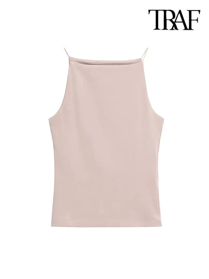 TRAF-Women's Halter Tank Tops, Sleeveless Vest, Thin Straps, Female Camis, Solid Color, Fashion