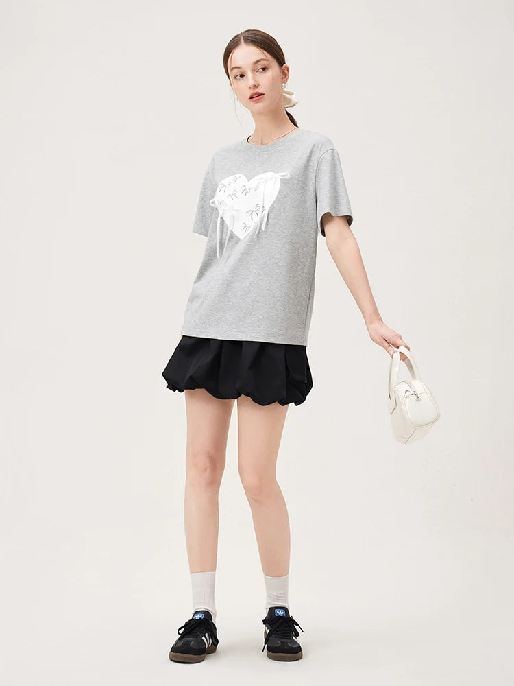 FSLE Summer Love Bow Print Cotton Women's Short-Sleeved T-Shirt 2024 Summer New Design Versatile Casual Cool Top 24FS12468