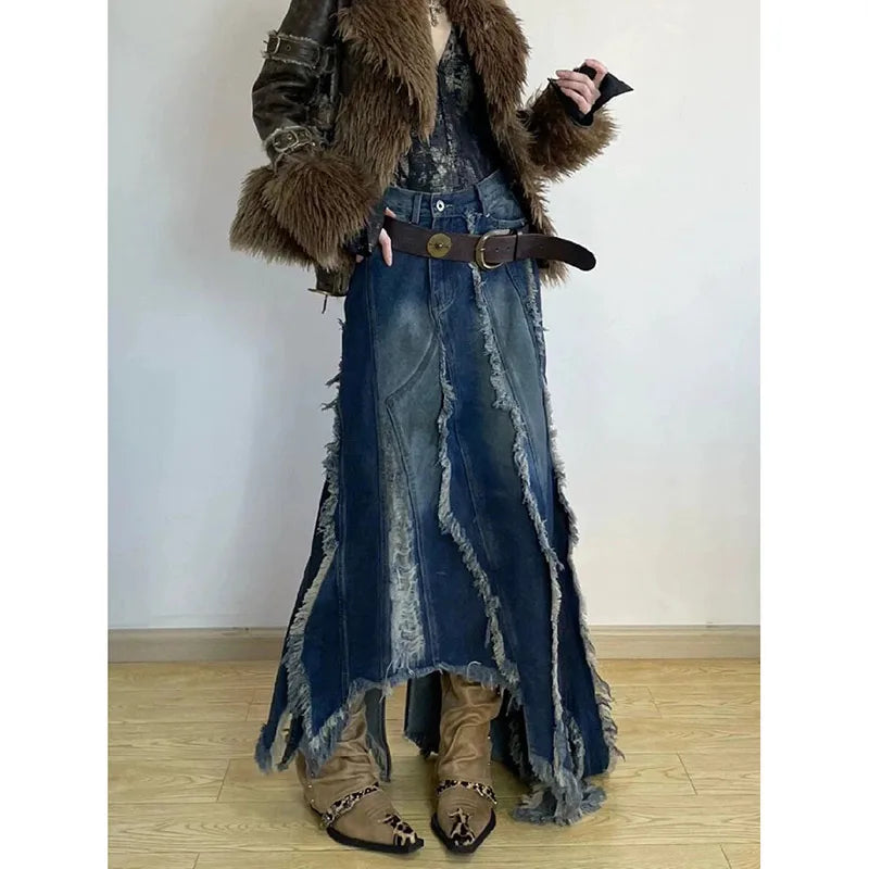 Women Blue Denim Half Body Skirt Tassels Bottoms High Waist Casual Korean Mid Length Skirt Baggy Vintage Female Long Skirt