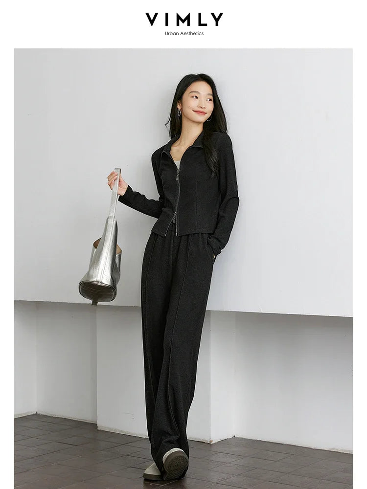 VIMLY Women's Sporty 2 Pieces Pants Sets  Autumn Simple Lapel Top Straight Pant Comfort New Office Lady Matching Sets M9037