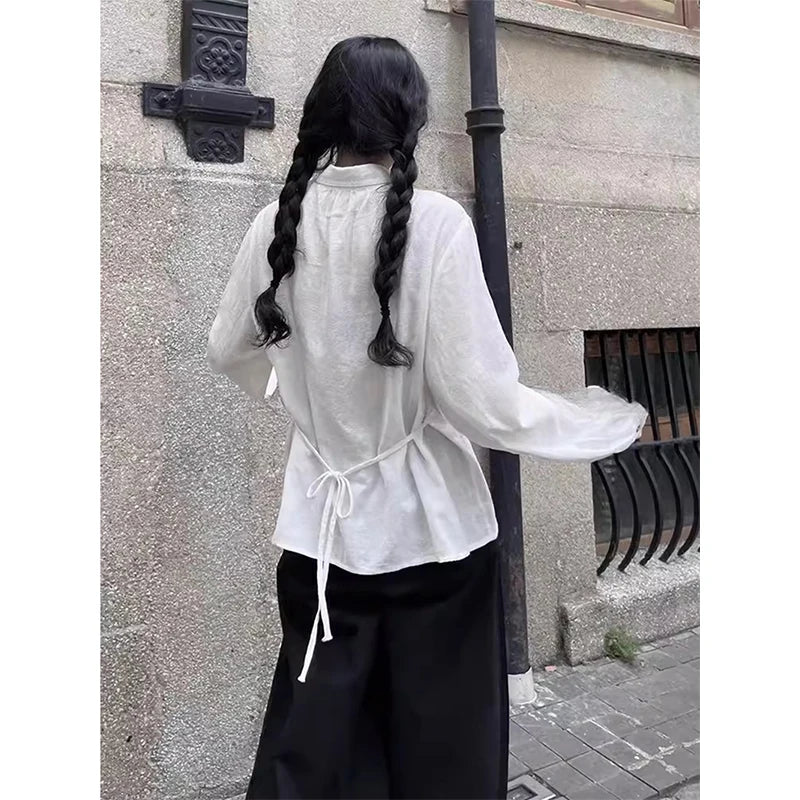 Vintage White Shirts Women Japanese Preppy Bandage Long Sleeve Blouses Summer Harajuku Korean Basic Single Breasted Chic Tops