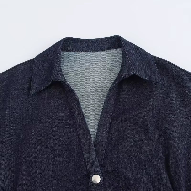 Denim MIDI dress with lapel side zipper fashion wrinkle waist slim elegant dress