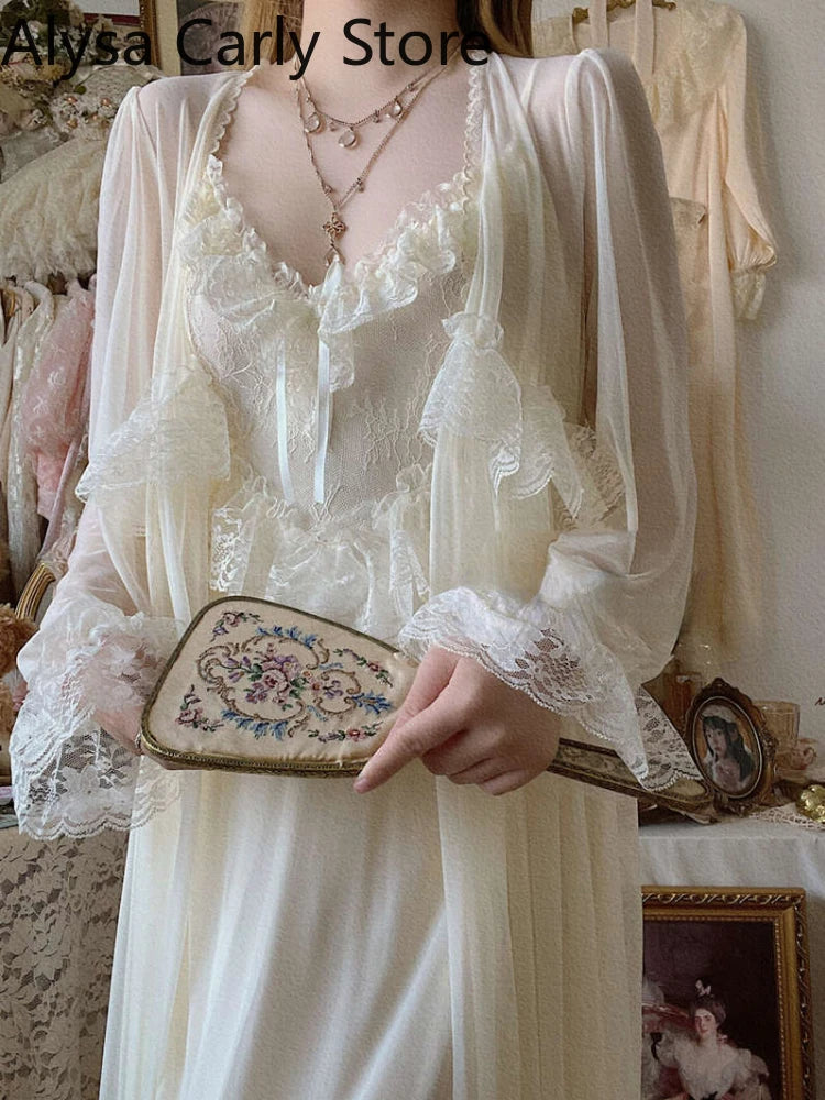 French Sweet Vintage Autumn Lace  Court Chiffon Elegant Long Strap Sleepwear