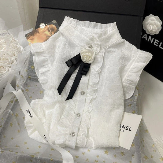 MEXZT Elegant Bow White Shirts Women Vintage Sweet Flower Ruffles Blouses Summer Korean Ladies Flying Sleeve All Match Chic Tops