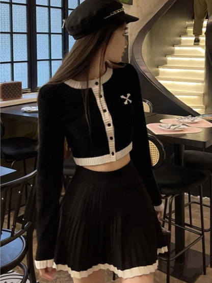 Y2k Hight Waist Skirt 2 Piece Suit Korean Chic Patchwork Knitted Outfits Autumn Short Jumper Pleats Mini Skirt Set Women New