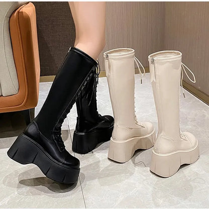 Mid Calf Boots Women Winter Boots Woman Ankle Boots Soft Lace-up Ladies Chelsea Zipper Botas Mujer Platform Heel Ladies Shoes