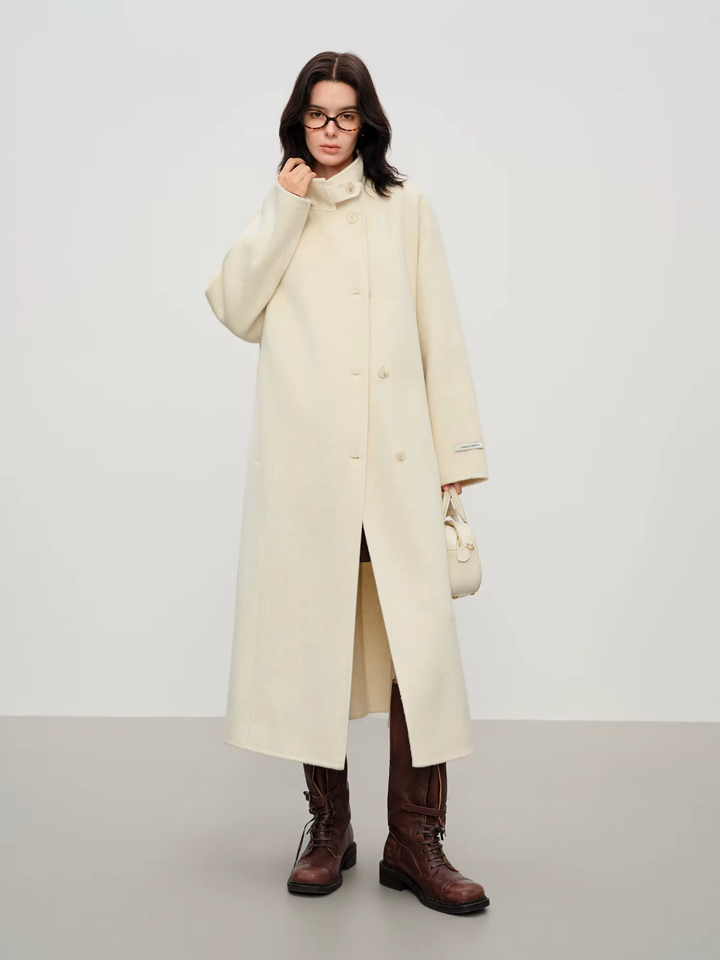 2025 New Women's Elegant Stand Collar 100% Wool Double-Faced Long Coat Diamond-Shaped Tailoring Autumn Winter Outerwear