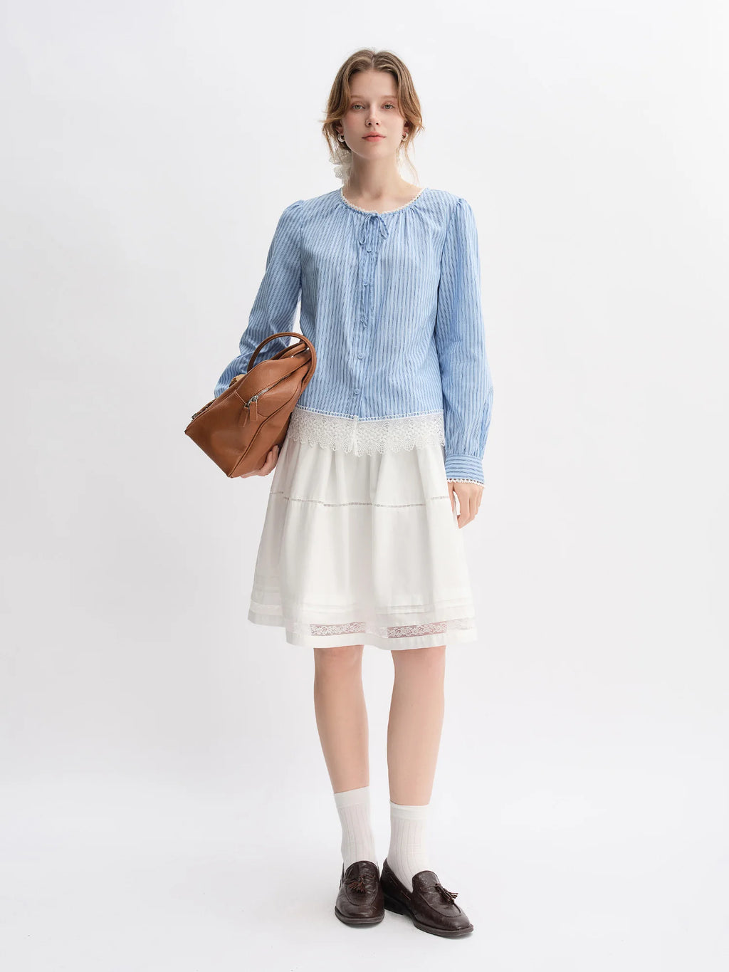 DUSHU Plus-Size Women's Sweet Ballet-Inspired Multi-Layered Gathered Lace Hem Skirt - 2025 Autumn New Arrival