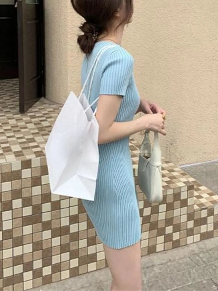Korean Sweet Woman Dress 2024 Vestidos De Mujer Short Sleeve O-neck Tunic Solid Robe Femme Fashion Knitted Bodycon Mini Dresses