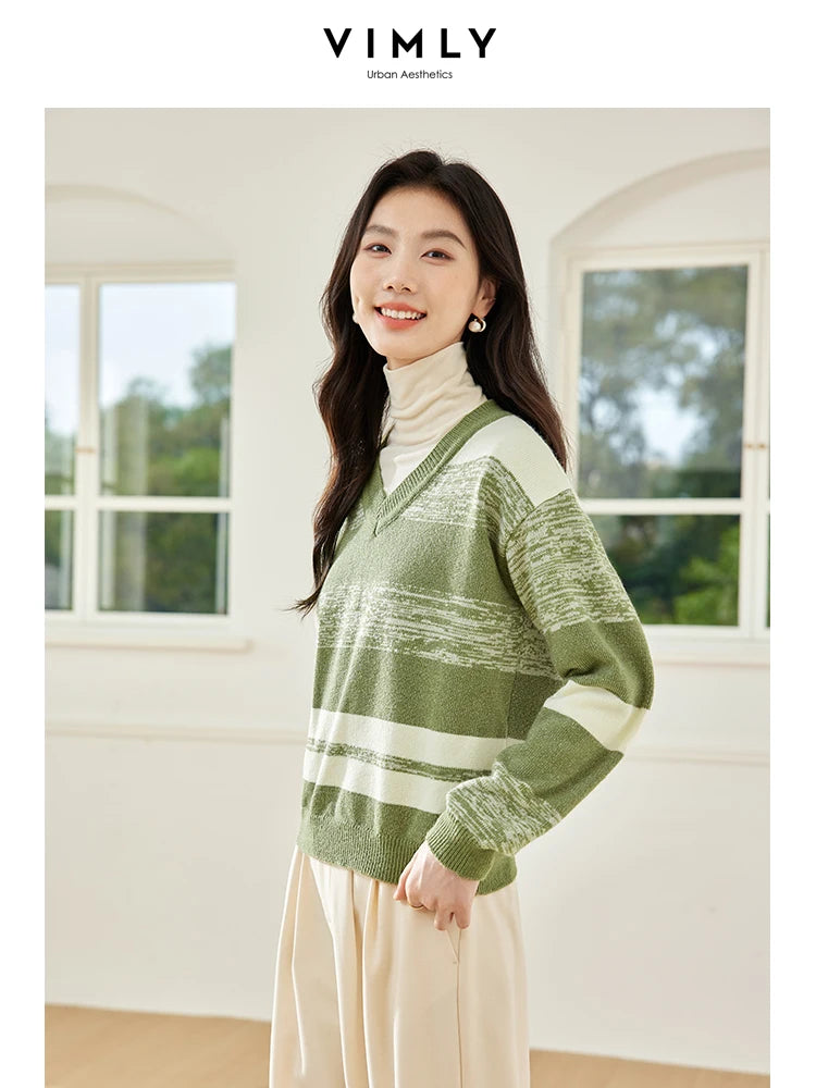 VIMLY Women's Fashion Casual Color Stripe Clash Sweater Autumn Pullover V-neck Long Sleeve Office Lady Simple Loose Slim KnitTop