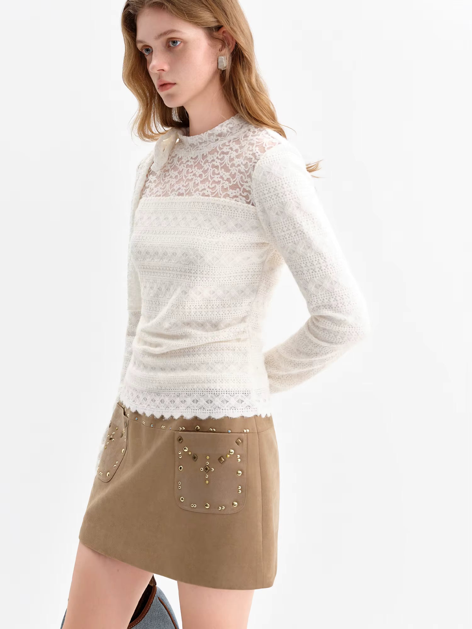 Autumn Women's White Lace Crochet Knit Top Blouse Elegant Tied Front Y2K Retro Soft Pullover Sweet Off-Shoulder Shirt