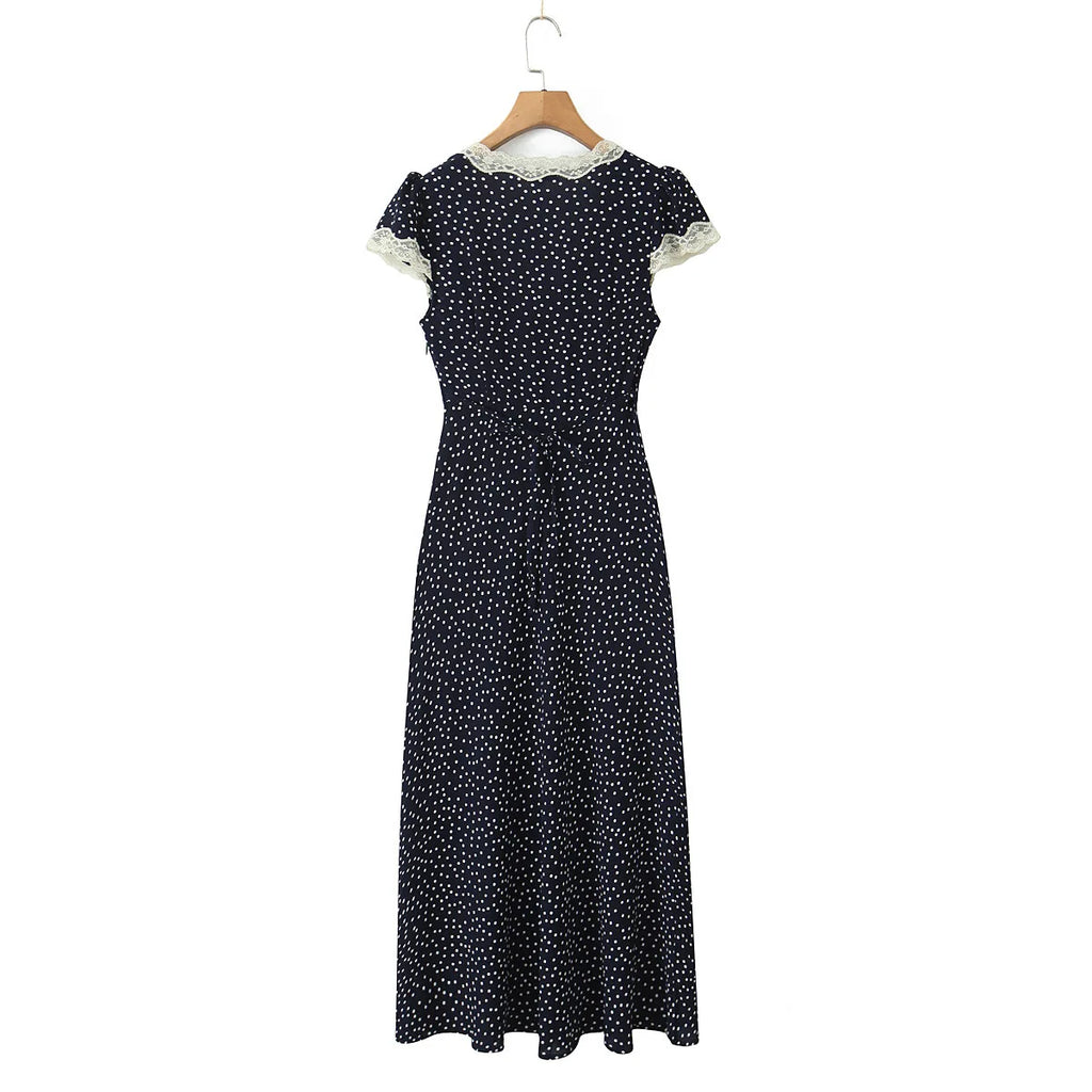 Elegant Navy V Neck Polka Dot Print Lace Trim Dress