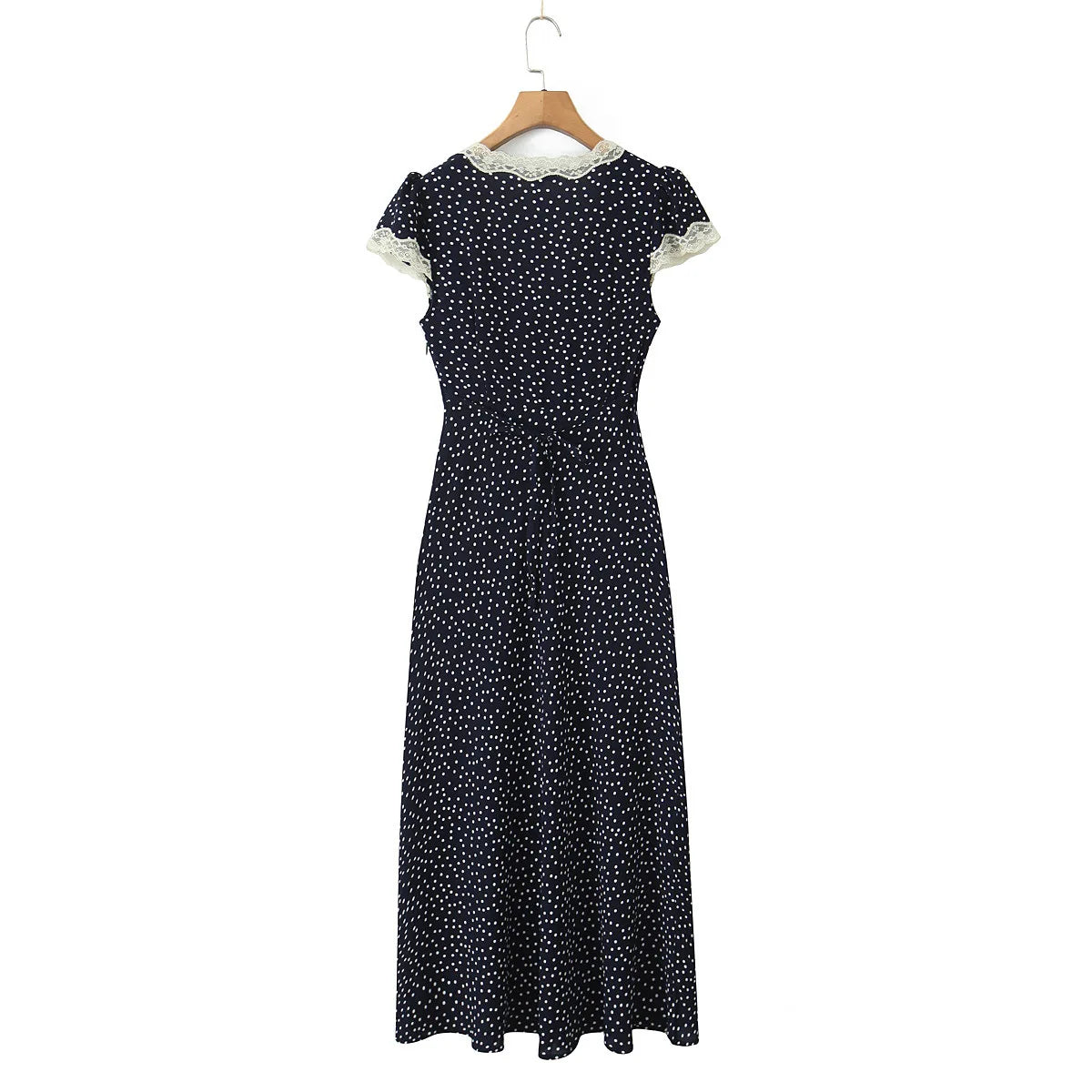Elegant Navy V Neck Polka Dot Print Lace Trim Dress