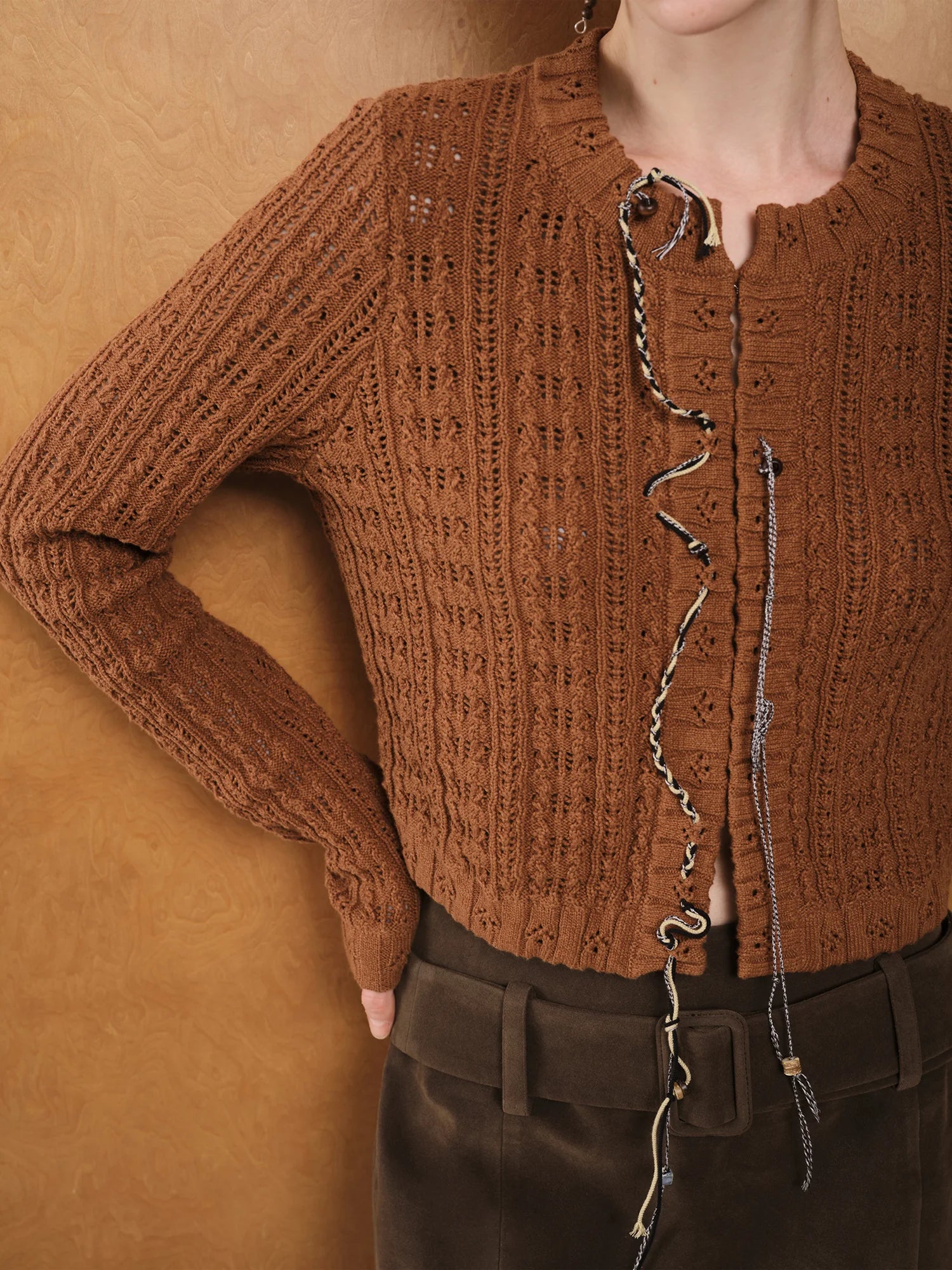 FSLE【Premium Series】New Women Vintage Cable Knit Sweater Hollow-Out Cropped Top Autumn Retro Pullover Cozy Cardigan Loungewear