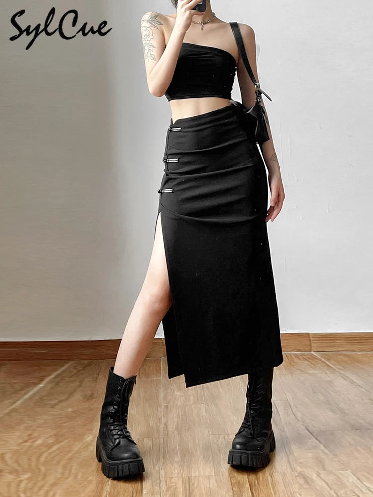 Black Sexy Split Simple Casual All-Match Hot Street Outing Cool Mature Vitality Personality Trend Basic Women'S Skirt