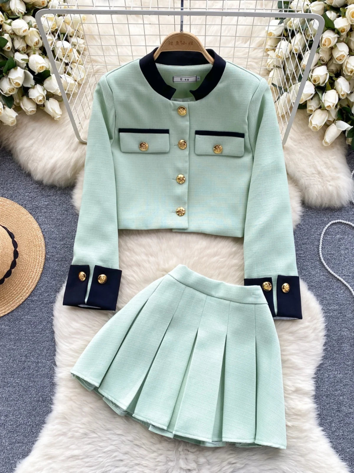 KUSAHIKI 2024 Spring Women's Color Block Short Cardigan Coat + High Waisted Pleated Half Skirt Two Piece Set