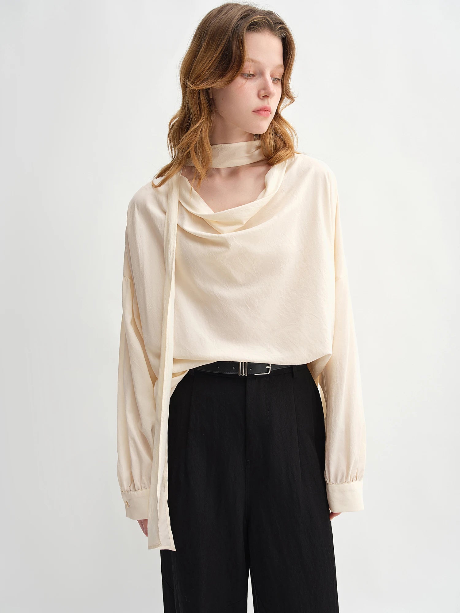 DUSHU Autumn 2025 Women's Drop Shoulder Top - Moonlight-inspired Ribbon Trim Lyocell Blend Elegant Loose Fit Casual Blouse