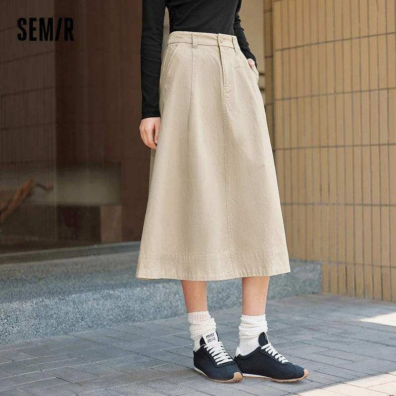 Semir Skirt Women Solid Color Simple Versatile 2024 Autumn New Pure Cotton Slimming Loose Umbrella Skirt
