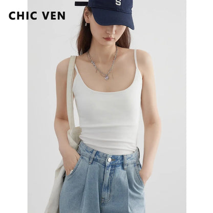 CHIC VEN Women Camis Slim New U Neck Sleeveless Knitted Solid Female Tank Woman Top Basic Clothing Spring Summer 2024