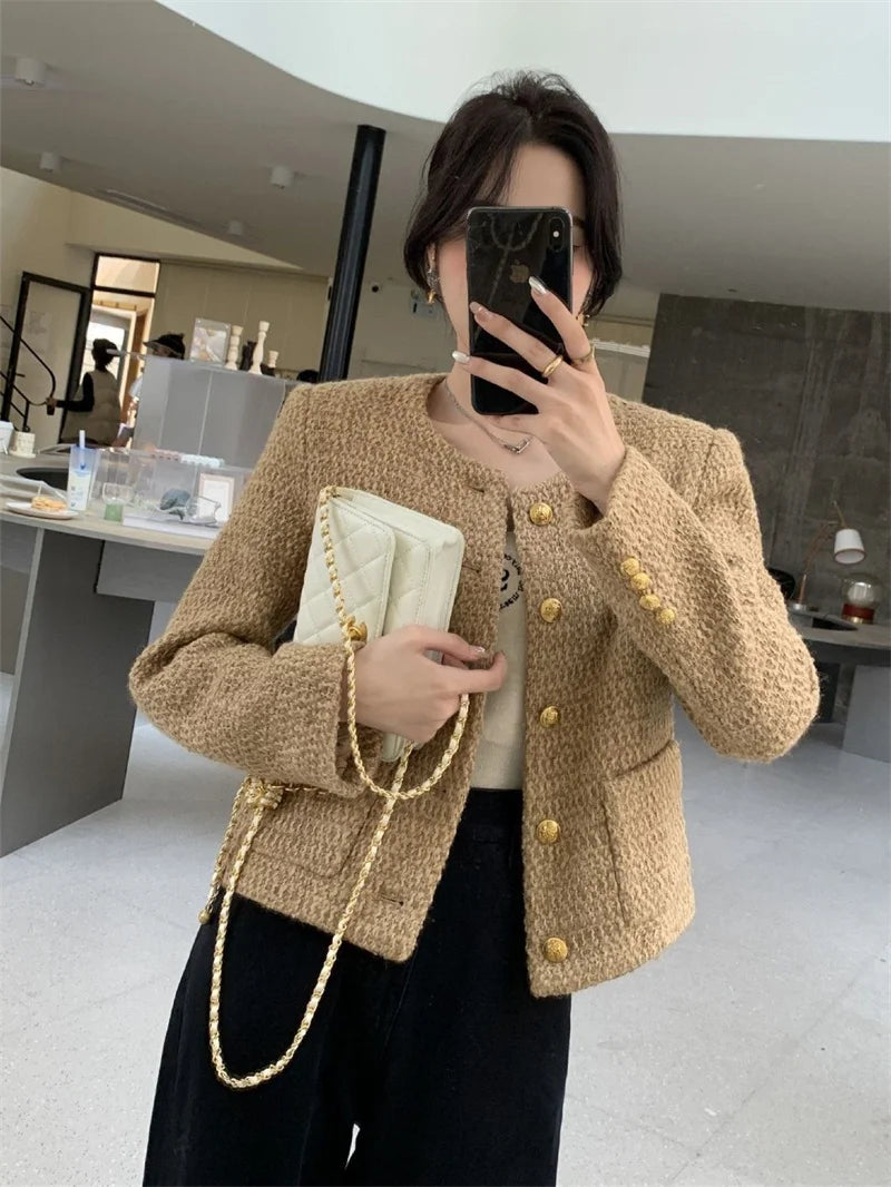 Fashion Loose Round Neck Beautiful Women Loose Spring And Autumn Short Retro High Quality Temperament Round Collar Tweed Coat