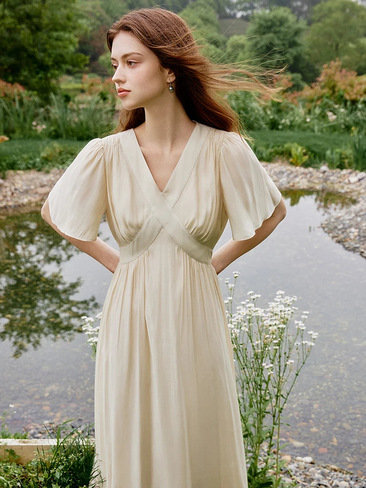 FSLE Women Flying Sleeve Temperament Long X-LINE Dress French V-neck Black Dress Office Lady Solid Dress