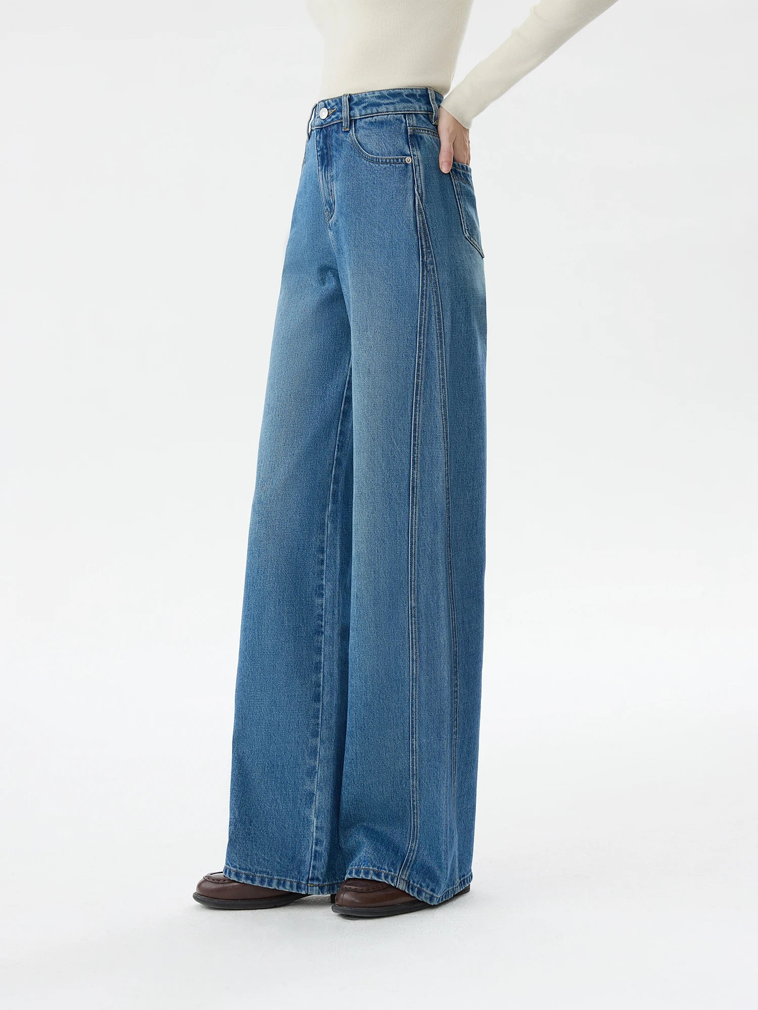 FSLE Office Lady American Retro High Waisted Relaxed Deconstruction Design Wide Leg Jeans for Women 2024 New 24FS14468