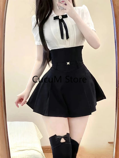 Aesthetics Elegant Suit Woman Short Sleeve White Blouse + High Waist Slim Shorts Kawaii Korean Fashion Set Clothing 2024 Summer