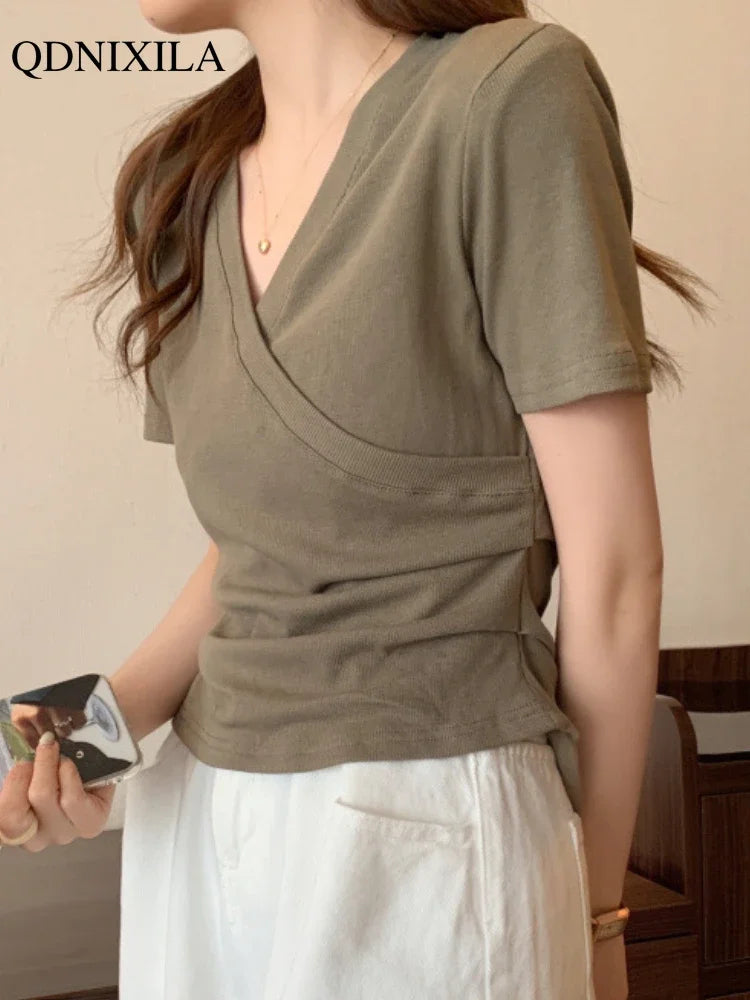 2024 Summer New Korean Fashion Cross V-neck Women's T-shirt Short Sleeve Slim Bottoming Shirts Crop Top Youthful Woman Clothes