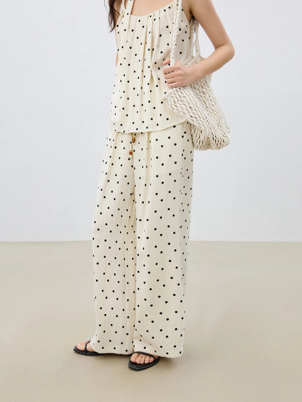 ZIQIAO Women 2025 Summer Vest+Pant Sets Holiday Style Polka Dot Camisole Tops Elastic Waist Casual Long Trousers