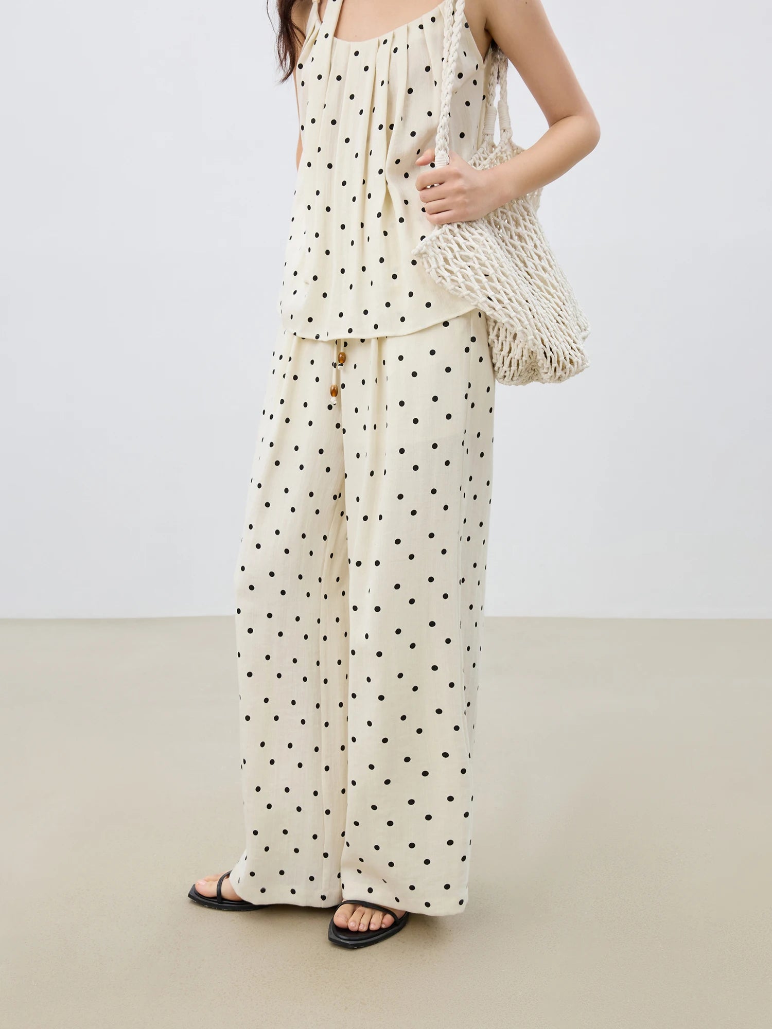ZIQIAO Women 2025 Summer Vest+Pant Sets Holiday Style Polka Dot Camisole Tops Elastic Waist Casual Long Trousers