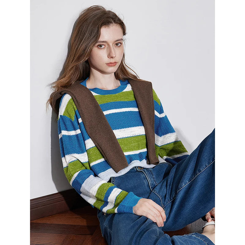 TOYOUTH Womens Knitted Sweater 2024 Autumn Winter New Striped Round Neck Simple Pullover Sweater