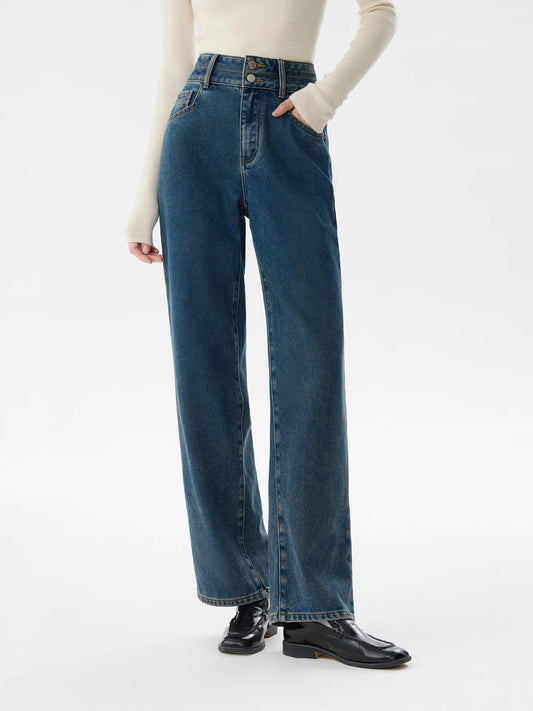 FSLE Office Lady High Waisted Retro Straight Leg Jeans for Women 2024 Winter New Casual Pants Casual Loose 24FS14359