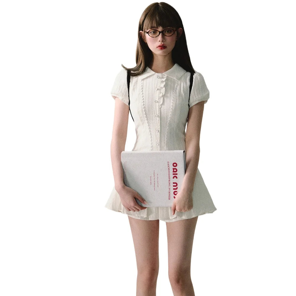 High Quality Dress A-line Elegant Sexy Lace Short Sleeved Shirt Skirt Commuting College Style Decoration Retro Dress Vestido Y2k